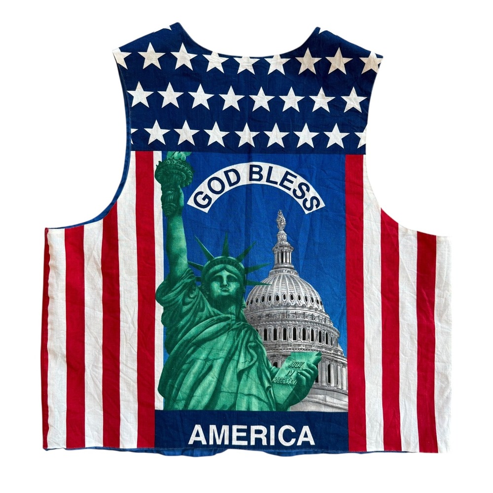 Vintage Patriotic American Flag Vest God Bless America Statue of Liberty Red‎